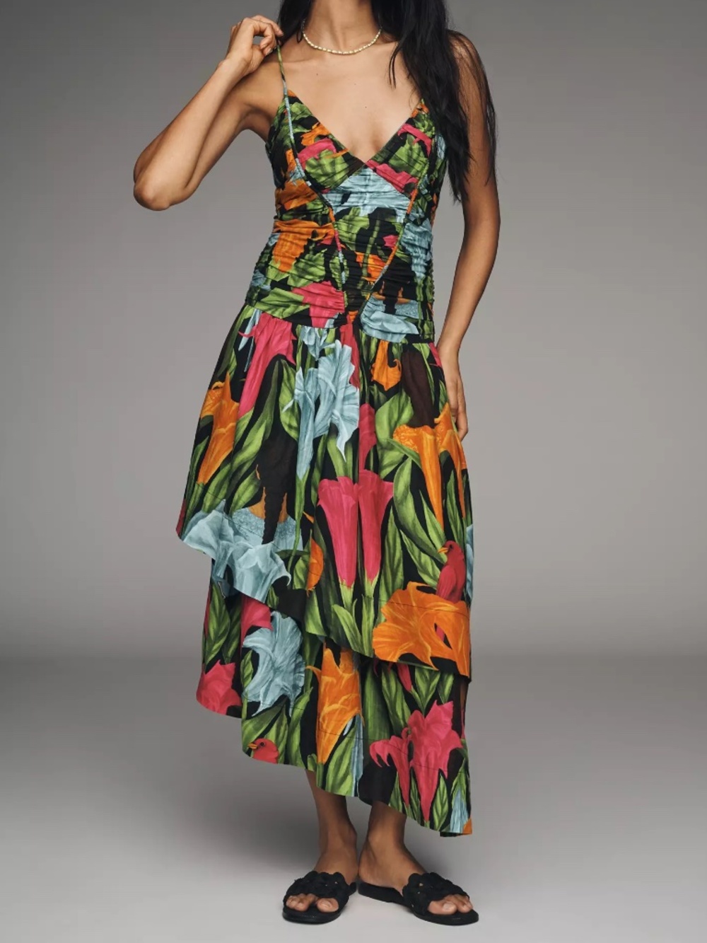 Anthropologie Farm Rio V-Neck A-Line Linen Blend Midi Dress XXS NWT